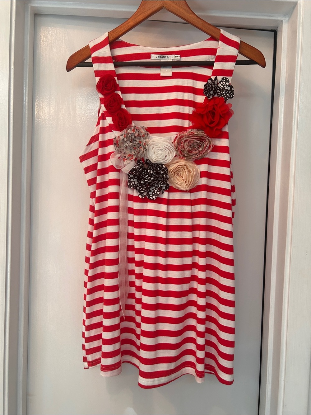 Red & White Striped Floral Appliqué tunic